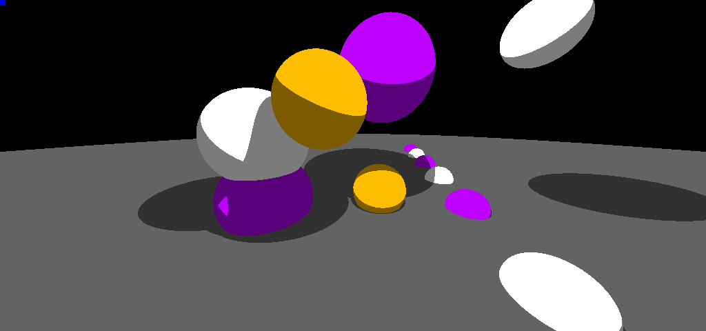 RTRay A, version 002: flat-shaded spheres casting shadows on a grey plane