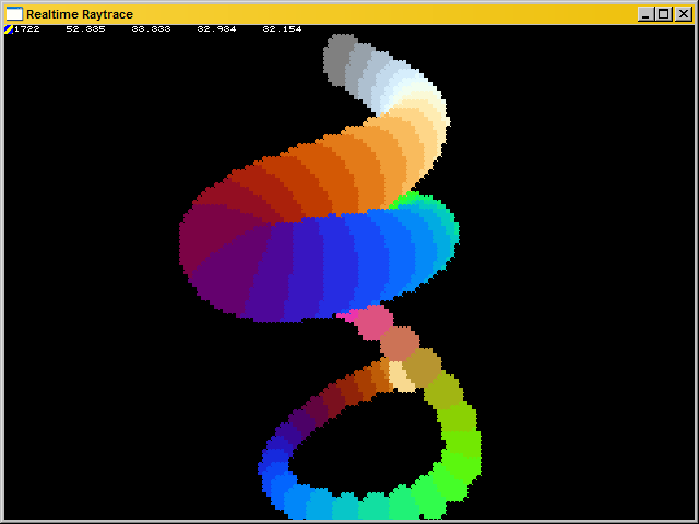 Realtime Raytrace window: a coiled string of coloured spheres