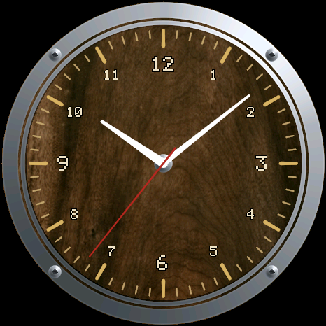 The first clock face, with a wooden background and chrome edge