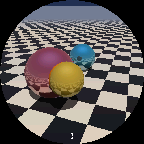 The ray-traced scene: three coloured spheres on a checker floor with shadows and reflections, under a sky