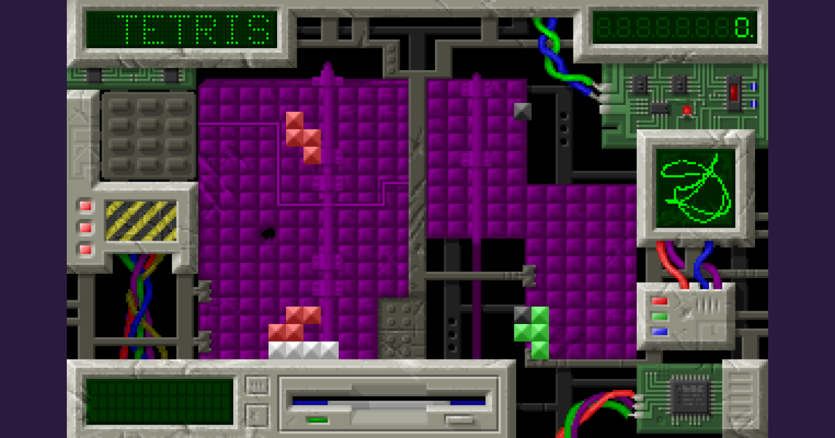Tetrisk in play: two purple wells with falling pieces, set in a circuit board